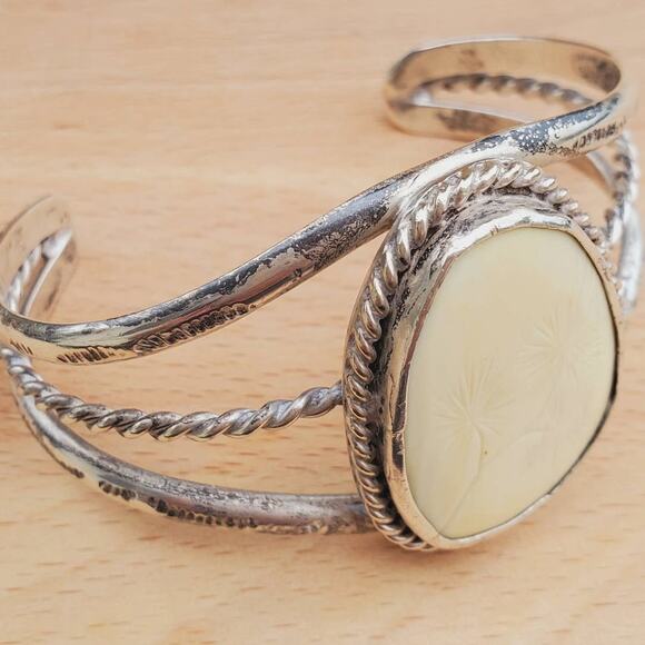 Navajo White Bone Sterling Silver Twisted Rope Cuff Bracelet M 925 - Picture 1 of 9